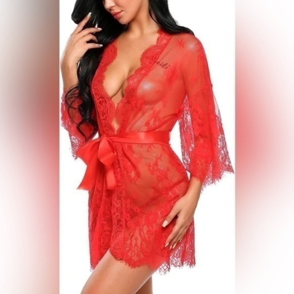 Avidlove Women's Lace Kimono Robe Mesh Red
